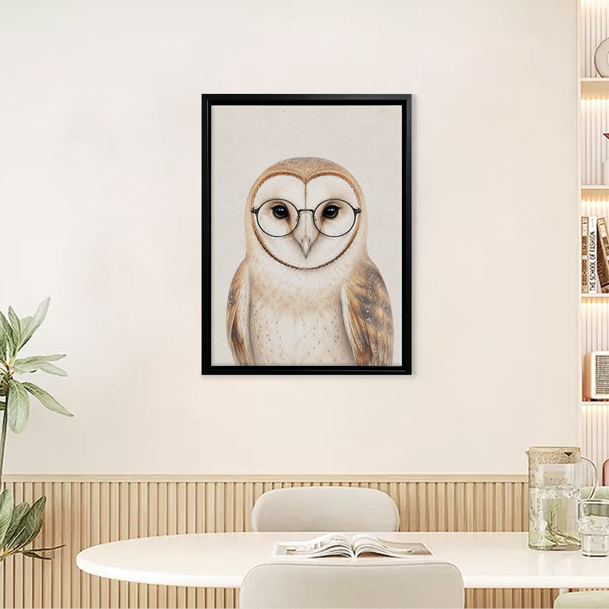 Framed Barn Owl Art Print with Glasses, Vintage Style, High-Quality Canvas, Perfect Home Decor for Any Room