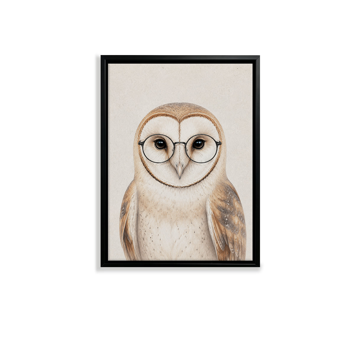 Framed Barn Owl Art Print with Glasses, Vintage Style, High-Quality Canvas, Perfect Home Decor for Any Room