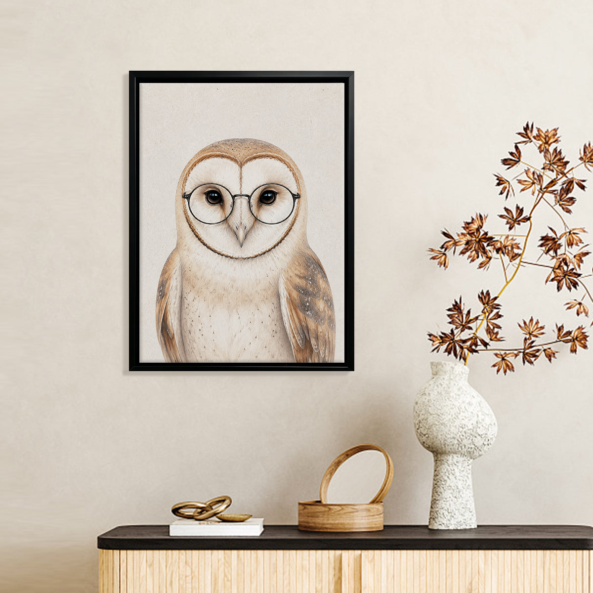 Framed Barn Owl Art Print with Glasses, Vintage Style, High-Quality Canvas, Perfect Home Decor for Any Room