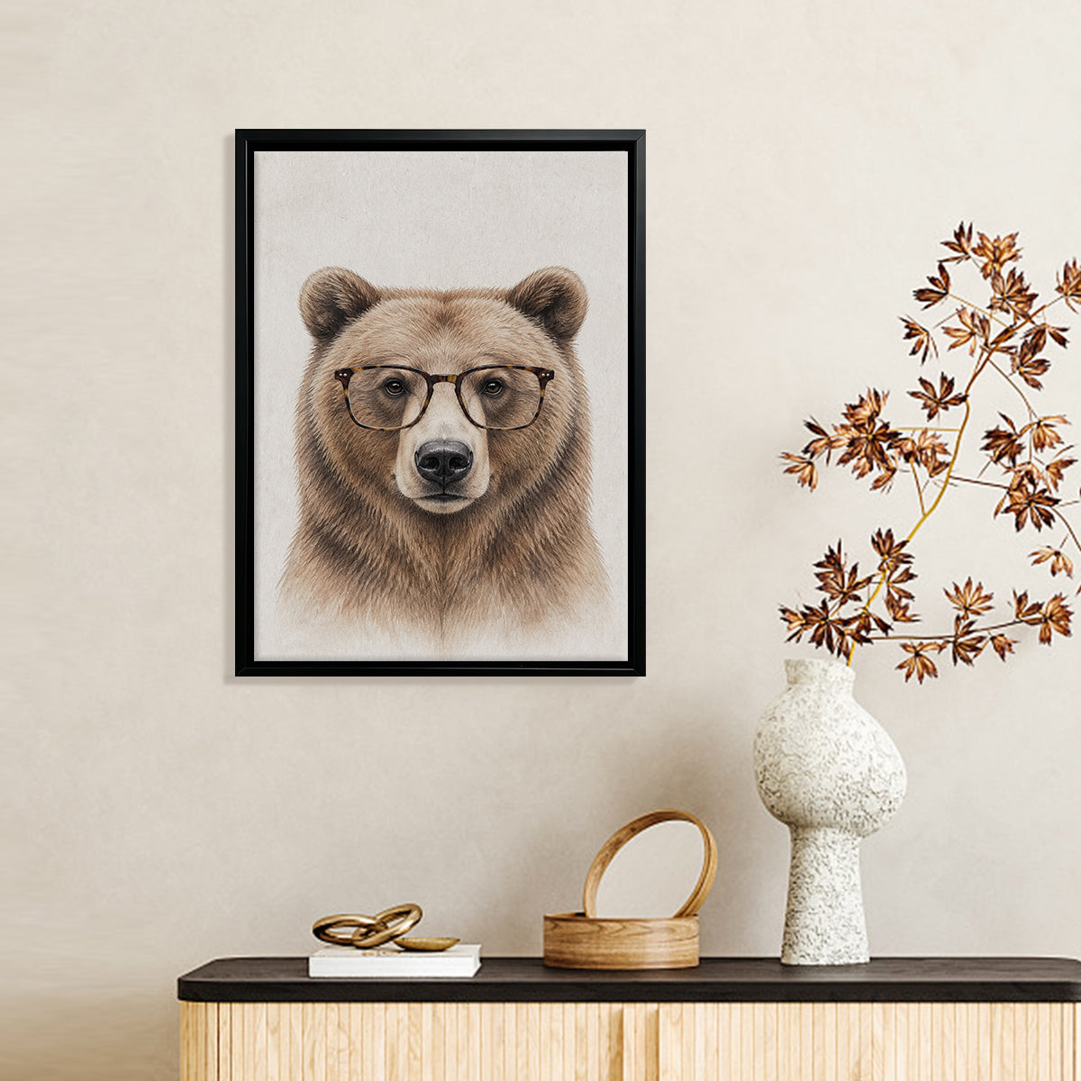 Framed Art Print of a Bear Wearing Glasses, Modern Wildlife Portrait, High-Quality Matte Finish, Perfect Home Decor for Any Room
