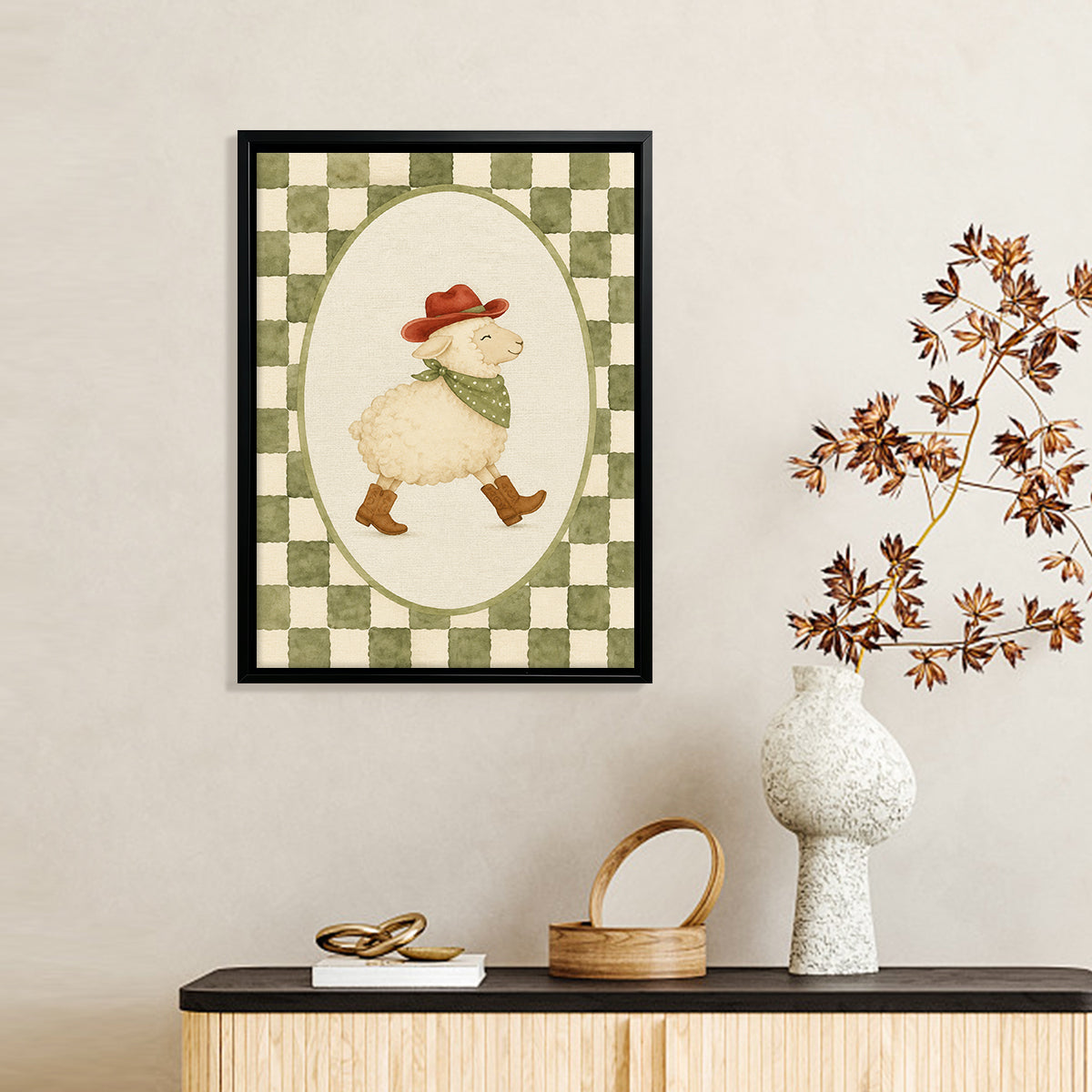 Framed Western Sheep Art Print, Quirky Cowboy Lamb Design, Perfect for Home Decor in Any Room