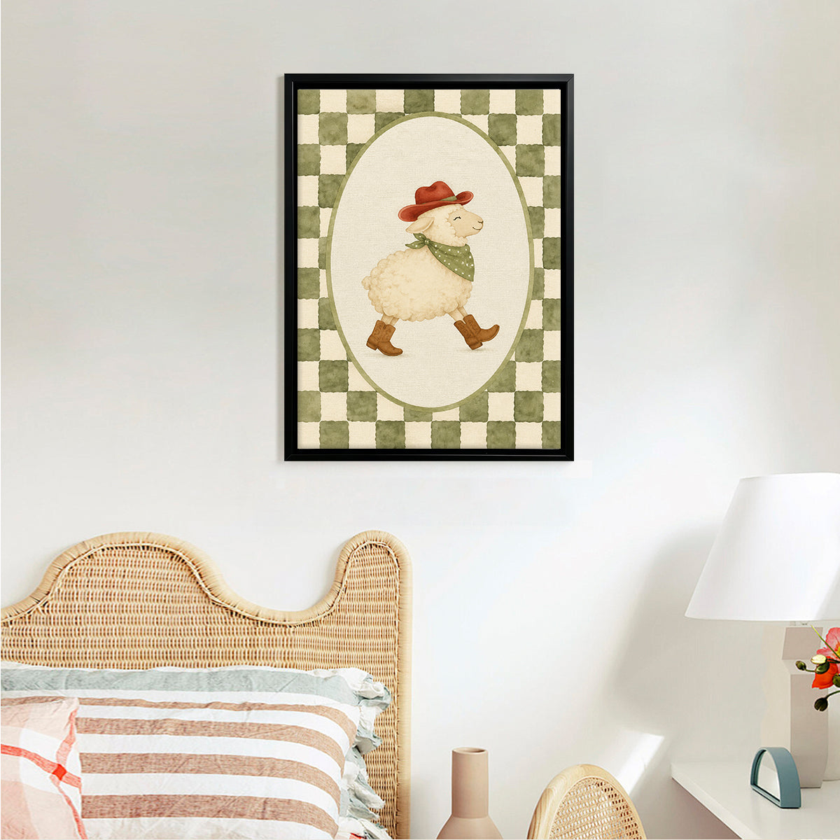 Framed Western Sheep Art Print, Quirky Cowboy Lamb Design, Perfect for Home Decor in Any Room