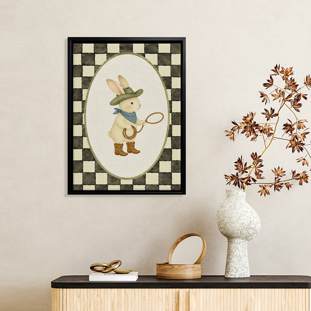 Framed Western Cowboy Rabbit Art Print, Vintage Style Canvas Painting for Home Decor