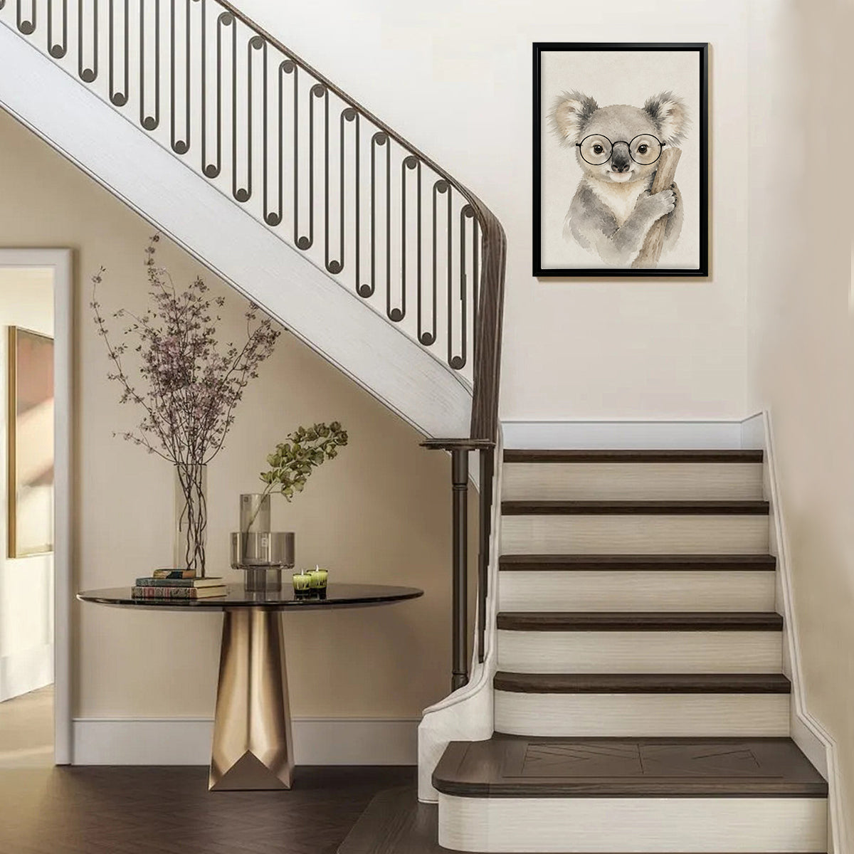 Framed Watercolor Koala with Glasses Art Print, Nordic Style, Perfect for Home Decor or Gift