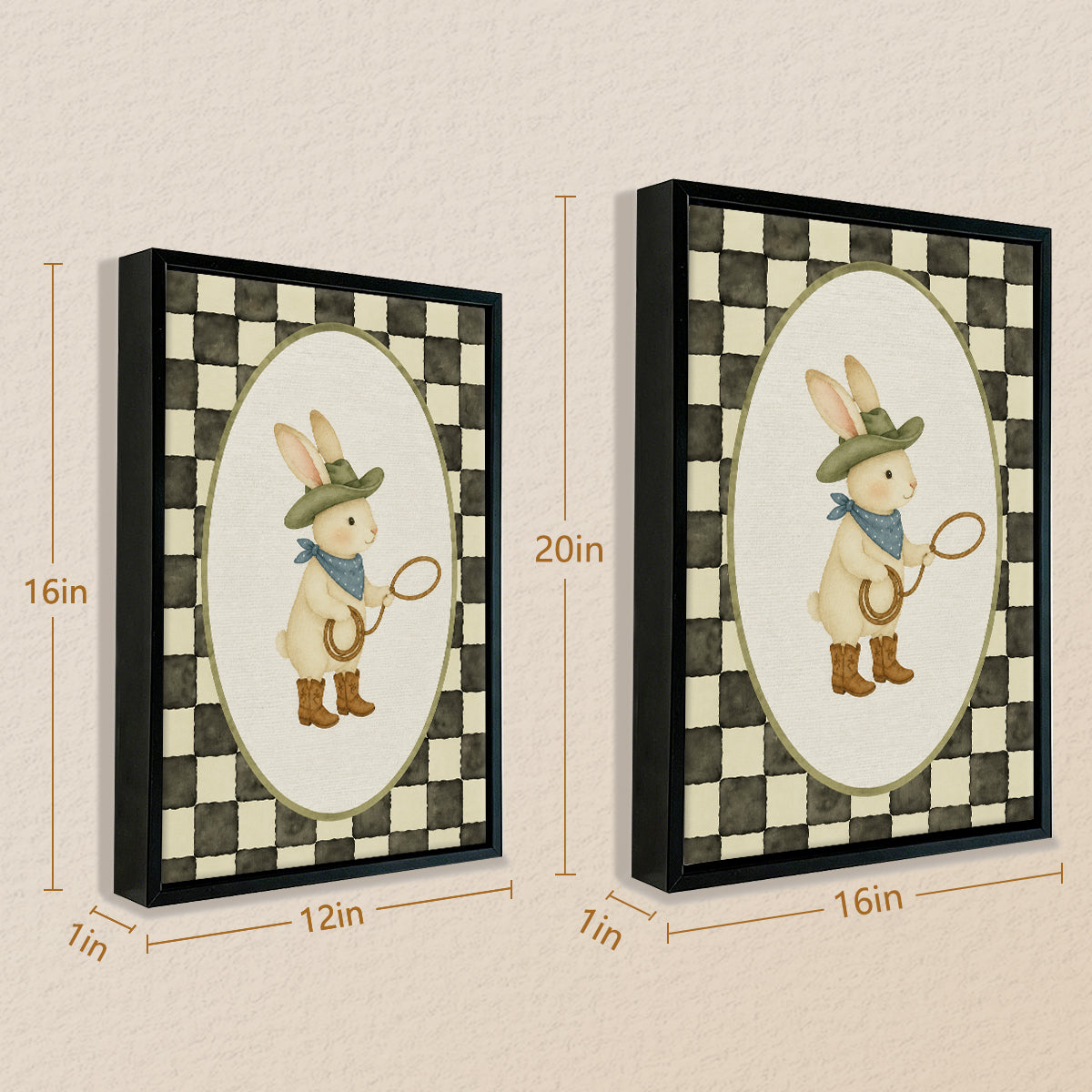 Framed Western Cowboy Rabbit Art Print, Vintage Style Canvas Painting for Home Decor