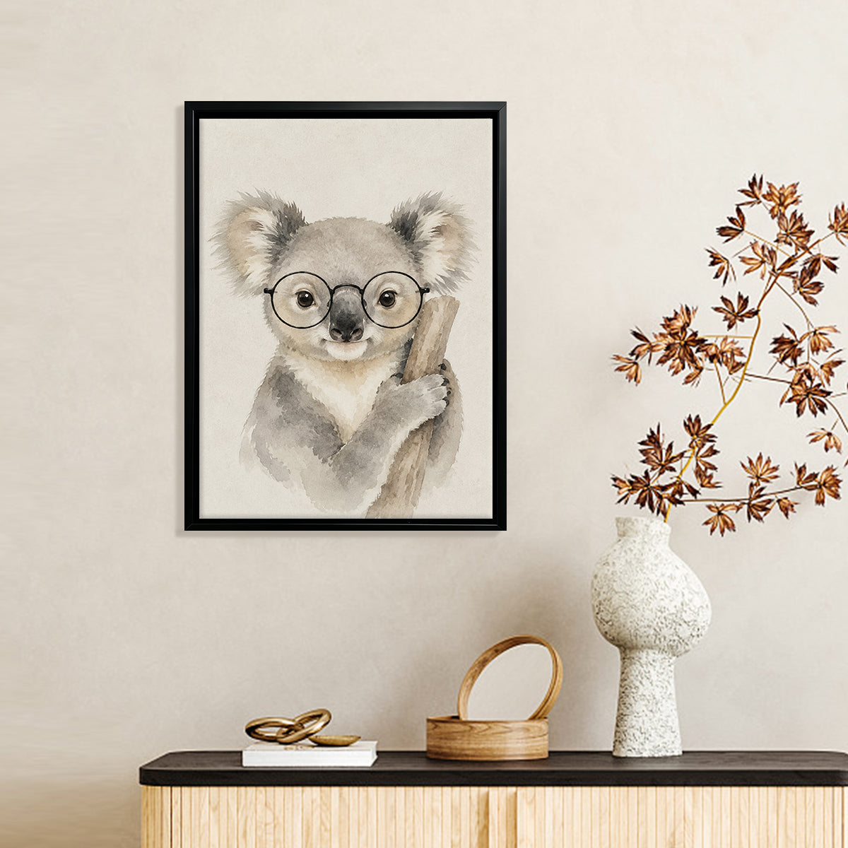 Framed Watercolor Koala with Glasses Art Print, Nordic Style, Perfect for Home Decor or Gift