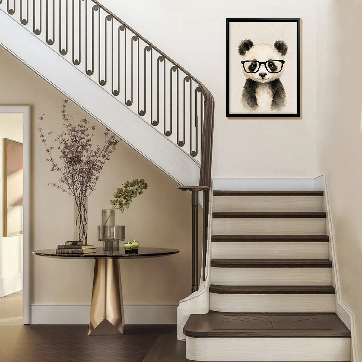 Framed Panda with Glasses Art Print, Watercolor Style, Perfect Home Decor for Living Room or Bedroom