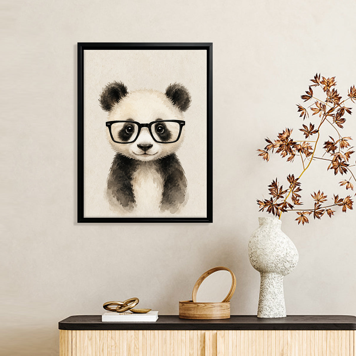 Framed Panda with Glasses Art Print, Watercolor Style, Perfect Home Decor for Living Room or Bedroom