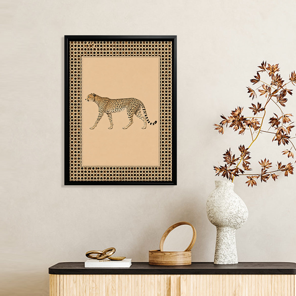 Framed Cheetah Art Print with Ornate Border, Vintage Safari Style, Perfect for Home Decor in Any Room