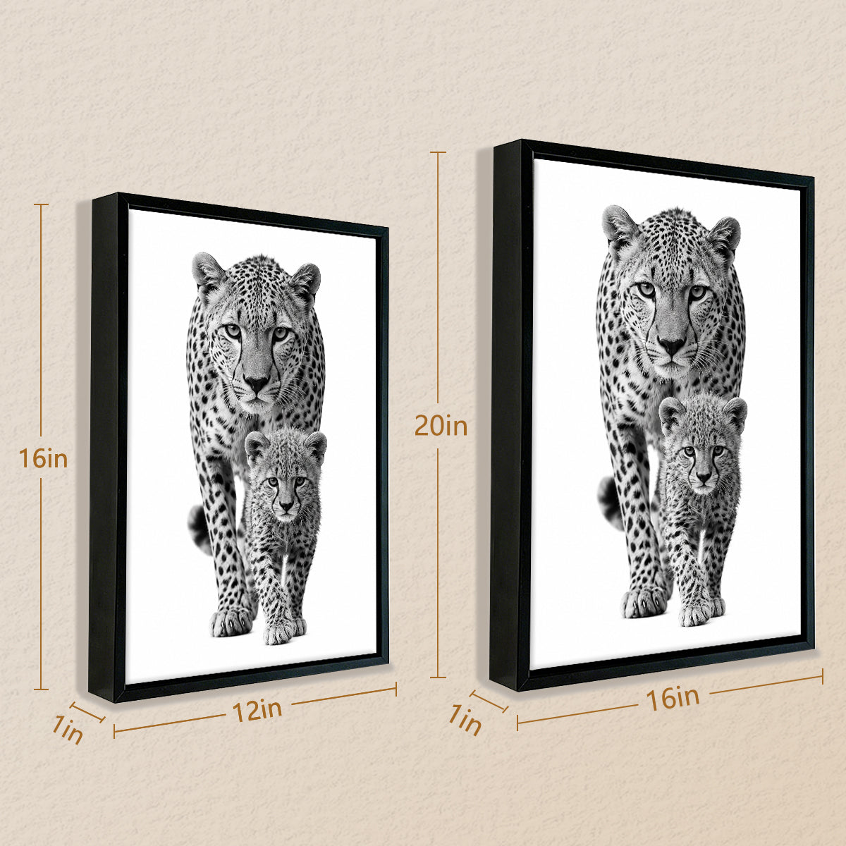 Framed Black and White Cheetah Poster with Cub, Modern Art Print for Home Decor, Elegant Wildlife Wall Art