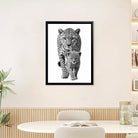 Framed Black and White Cheetah Poster with Cub, Modern Art Print for Home Decor, Elegant Wildlife Wall Art