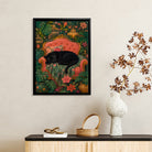 Framed Art Print of a Black Panther Resting on an Elegant Red Sofa Amidst Tropical Flowers and Greenery