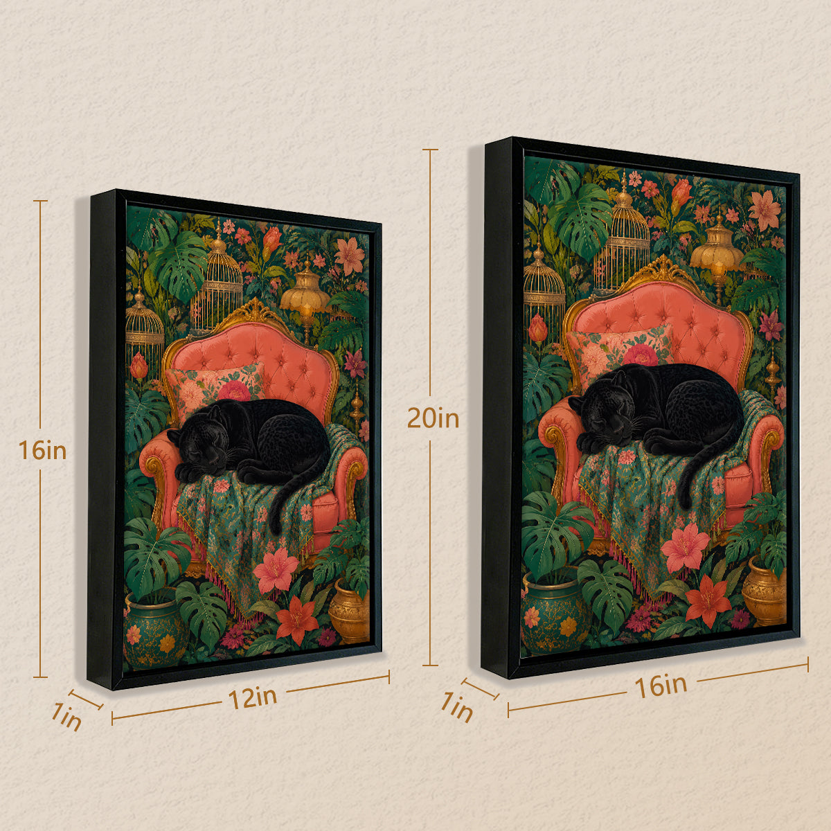 Framed Art Print of a Black Panther Resting on an Elegant Red Sofa Amidst Tropical Flowers and Greenery
