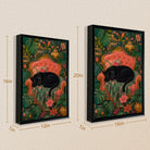Framed Art Print of a Black Panther Resting on an Elegant Red Sofa Amidst Tropical Flowers and Greenery
