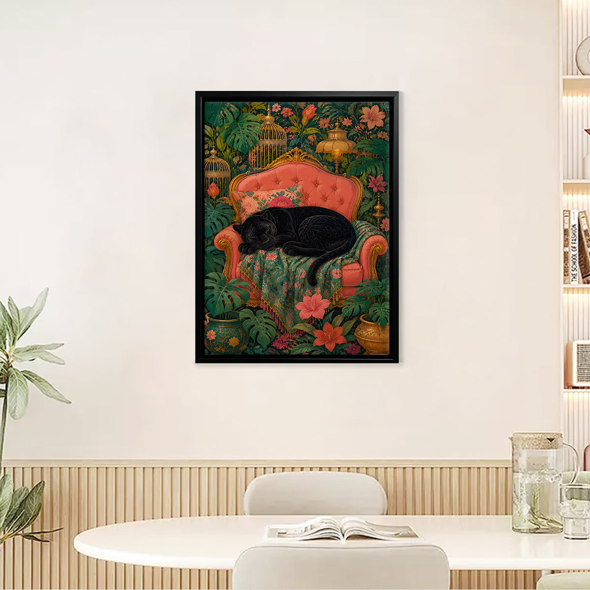 Framed Art Print of a Black Panther Resting on an Elegant Red Sofa Amidst Tropical Flowers and Greenery