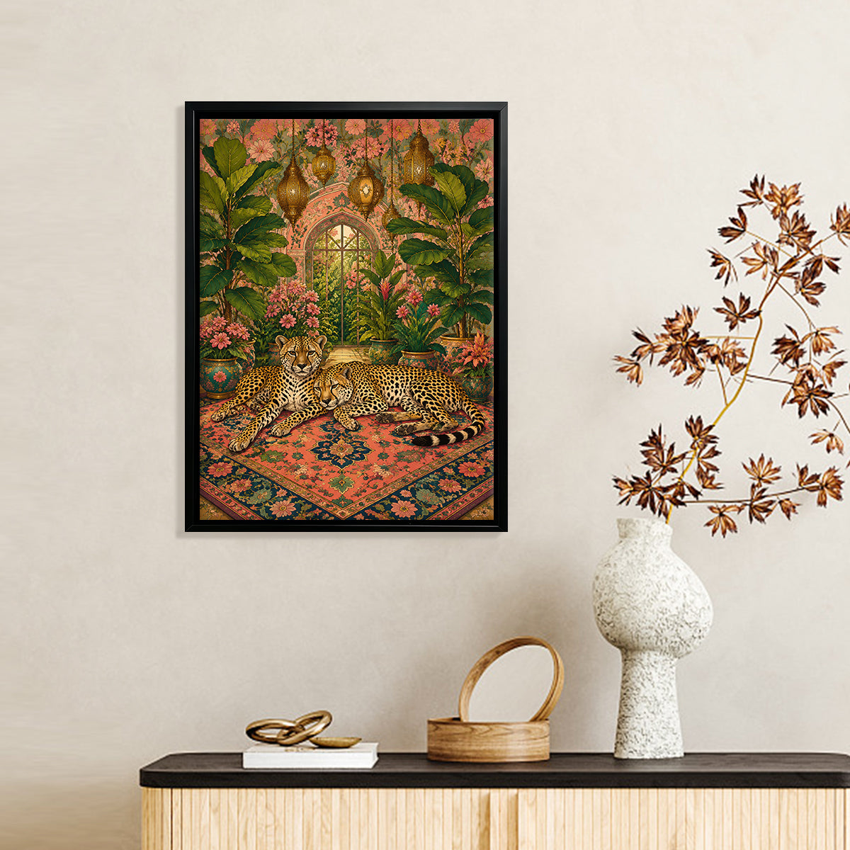 Framed Art Print Featuring Two Leopards in a Floral Oasis, Vintage Style, High-Quality Matte Finish, Perfect for Home Decor or Gift