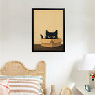 Framed Cat in Box Art Print, Whimsical Black Cat Design, High-Quality Matte Finish, Perfect Home Decor for Any Room