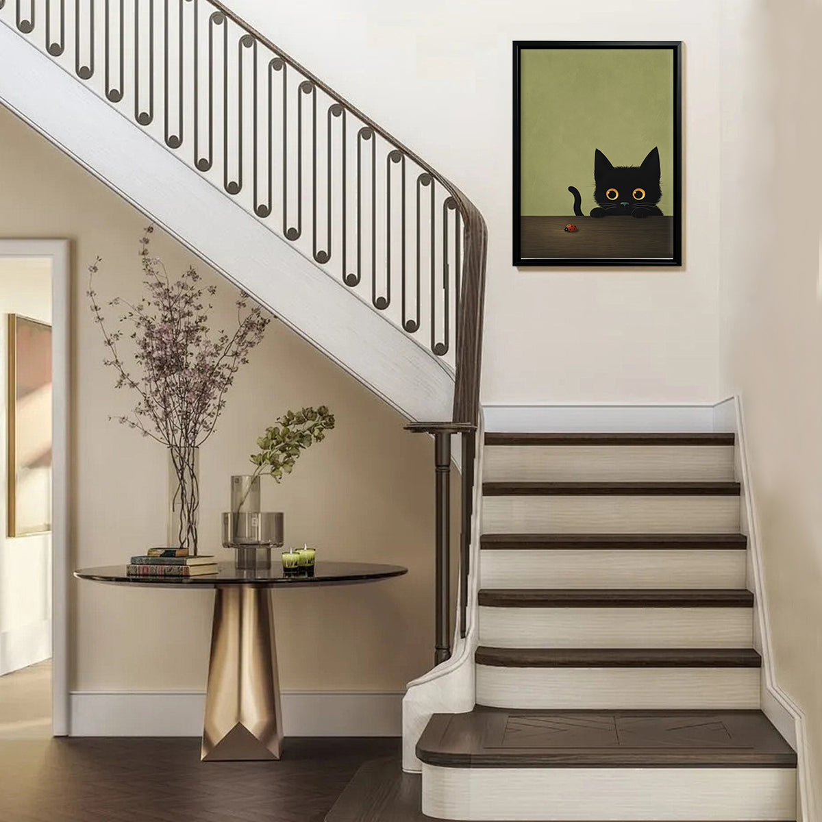 Framed Art Print of Black Cat with Ladybug, Modern Home Decor, High-Quality Matte Finish, Perfect for Living Room or Bedroom