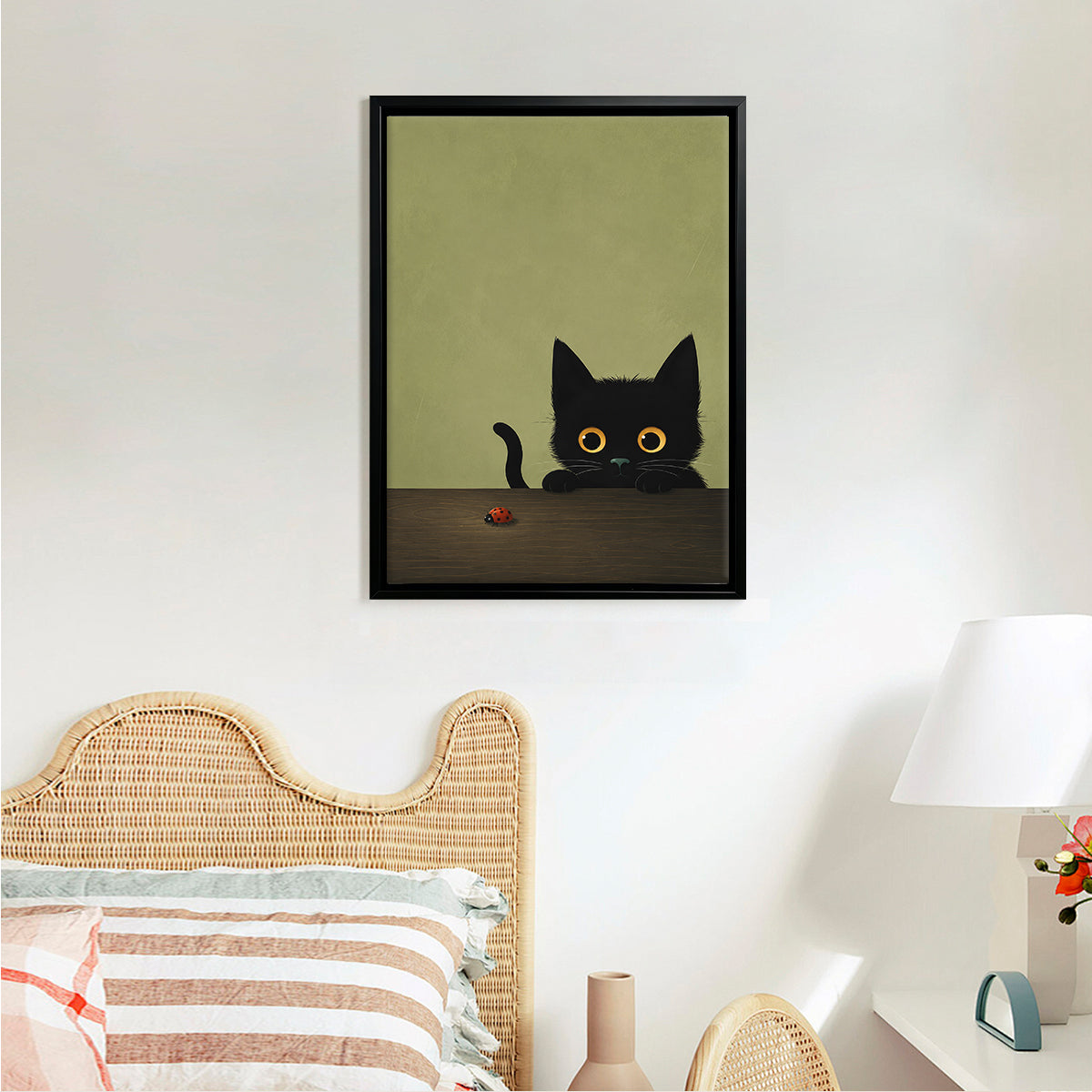 Framed Art Print of Black Cat with Ladybug, Modern Home Decor, High-Quality Matte Finish, Perfect for Living Room or Bedroom