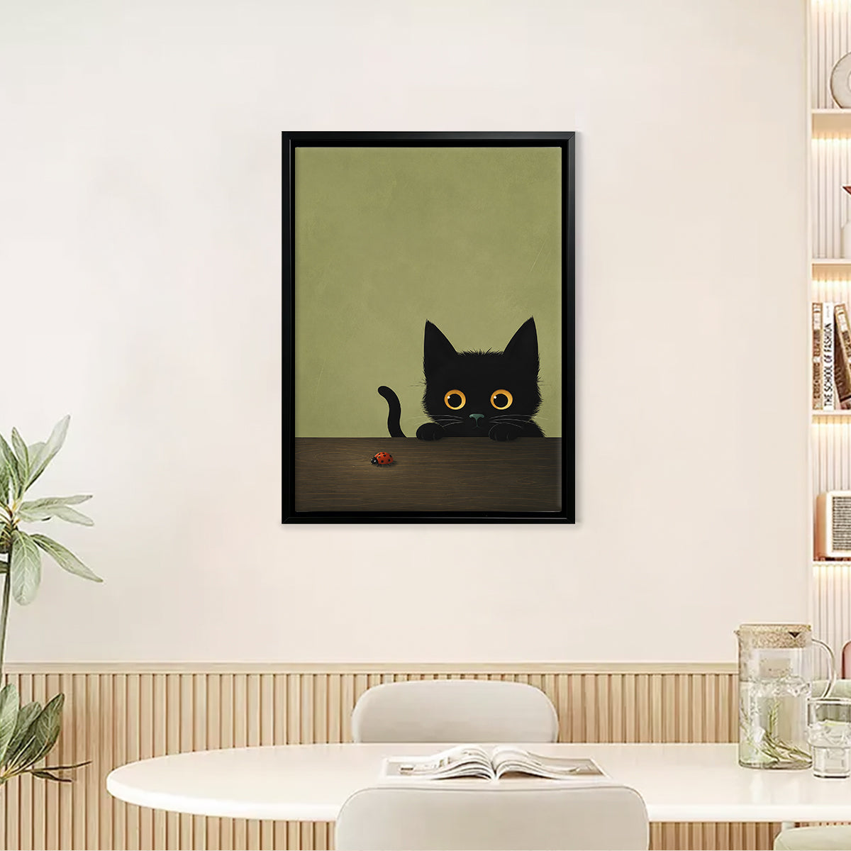 Framed Art Print of Black Cat with Ladybug, Modern Home Decor, High-Quality Matte Finish, Perfect for Living Room or Bedroom