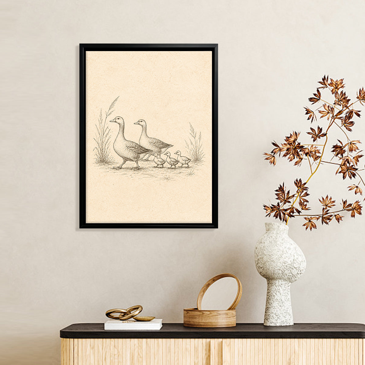 Framed Duck Family Illustration Print, Vintage Style, High-Quality Artwork, Perfect for Home Decor in Any Room