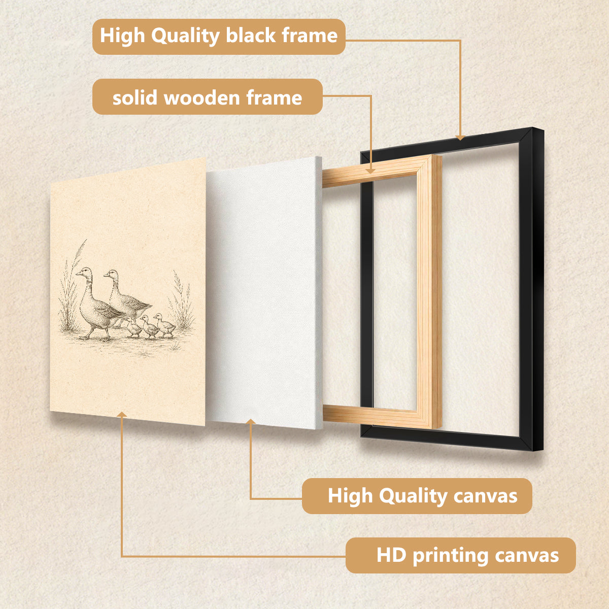 Framed Duck Family Illustration Print, Vintage Style, High-Quality Artwork, Perfect for Home Decor in Any Room