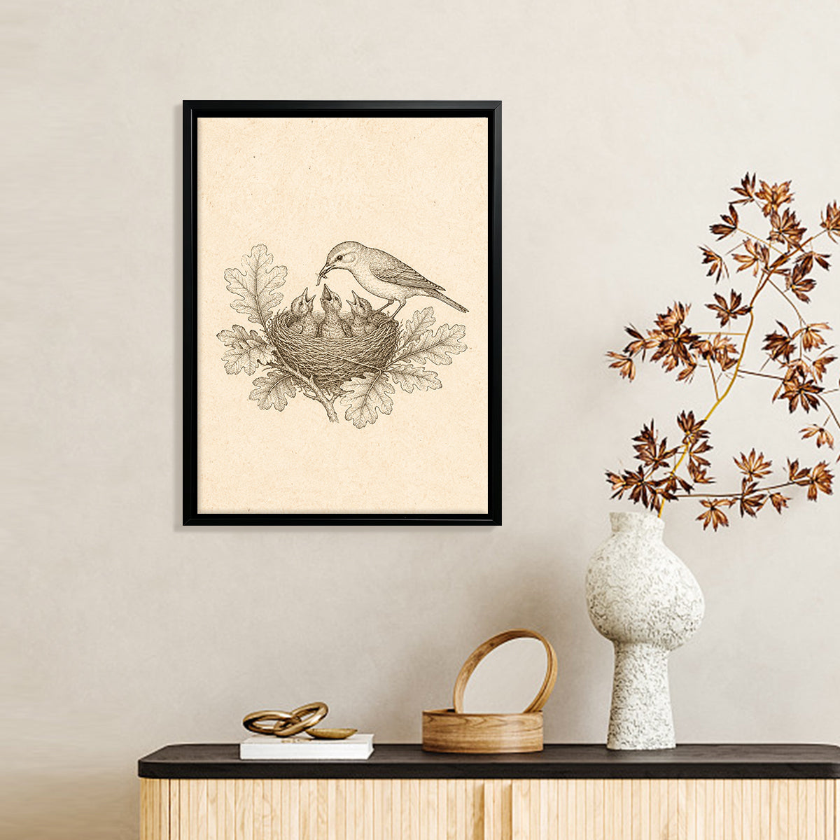 Framed Bird Nest Art Print with Chicks, Vintage Style, High-Quality Paper, Perfect Home Decor for Any Room