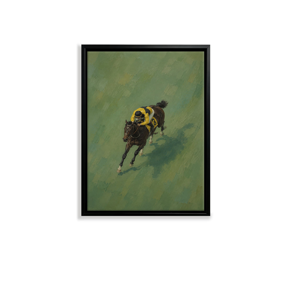 Framed Horse Racing Art Print Featuring Jockey on a Dark Bay Horse, Oil Painting Style, Perfect for Home or Office Decor