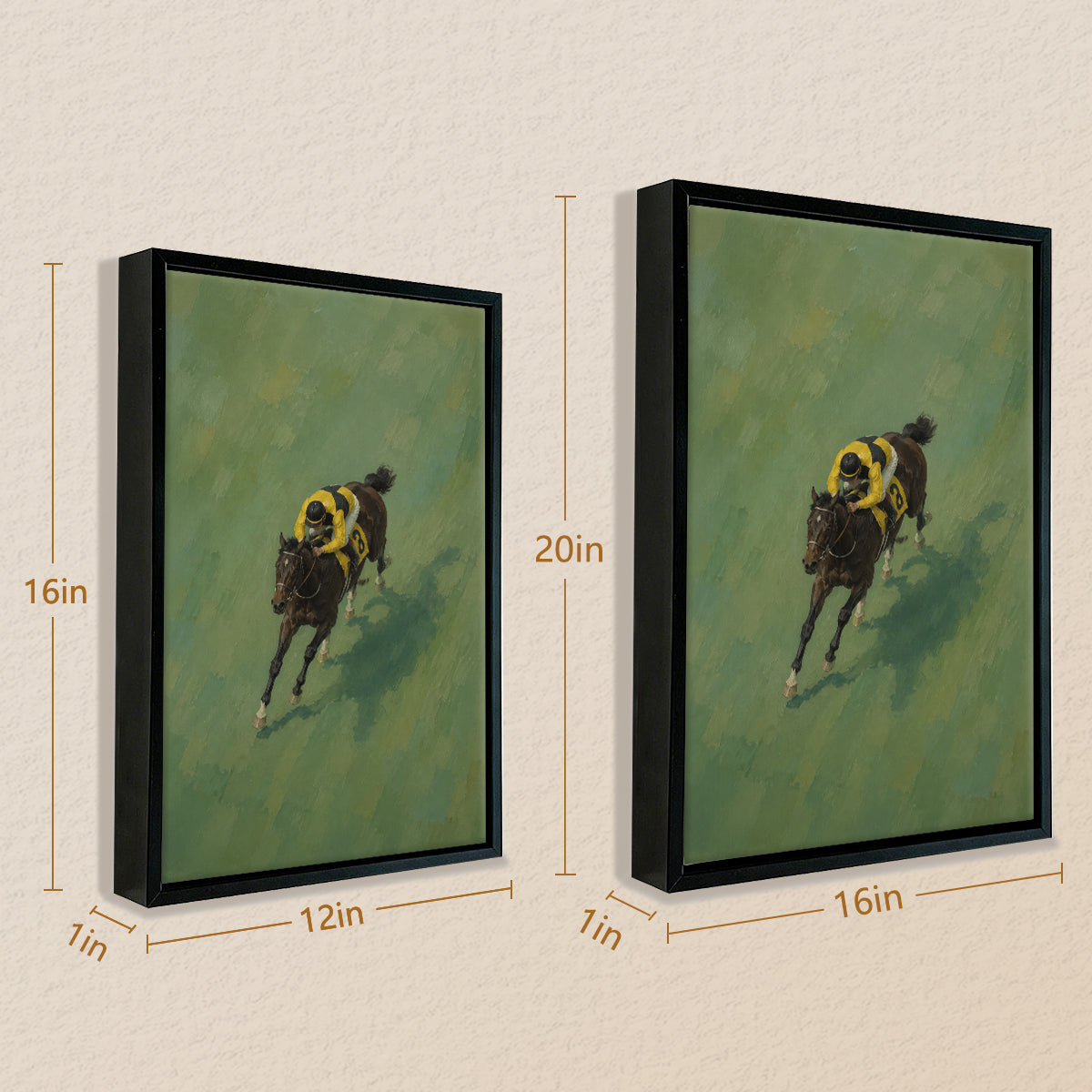 Framed Horse Racing Art Print Featuring Jockey on a Dark Bay Horse, Oil Painting Style, Perfect for Home or Office Decor