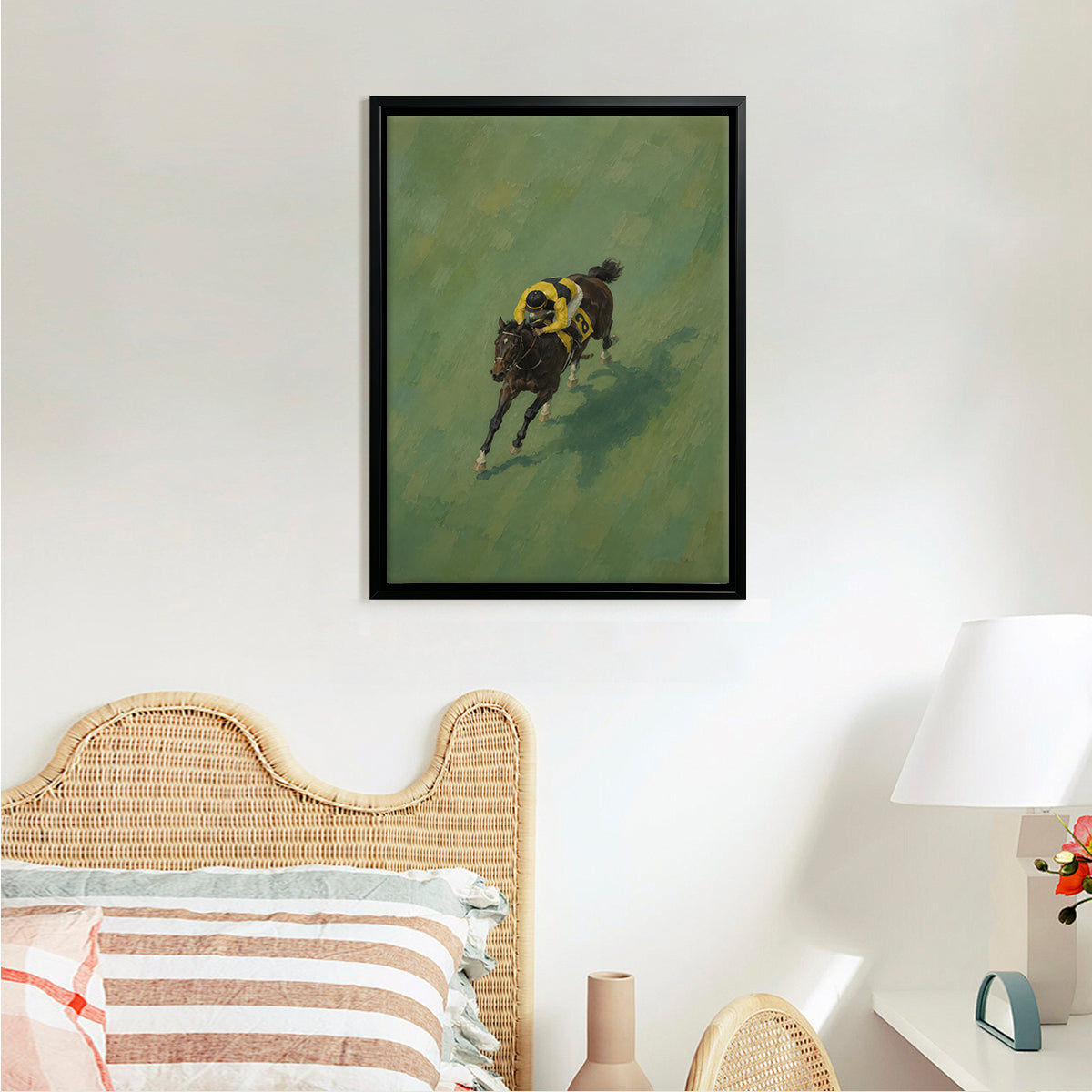 Framed Horse Racing Art Print Featuring Jockey on a Dark Bay Horse, Oil Painting Style, Perfect for Home or Office Decor