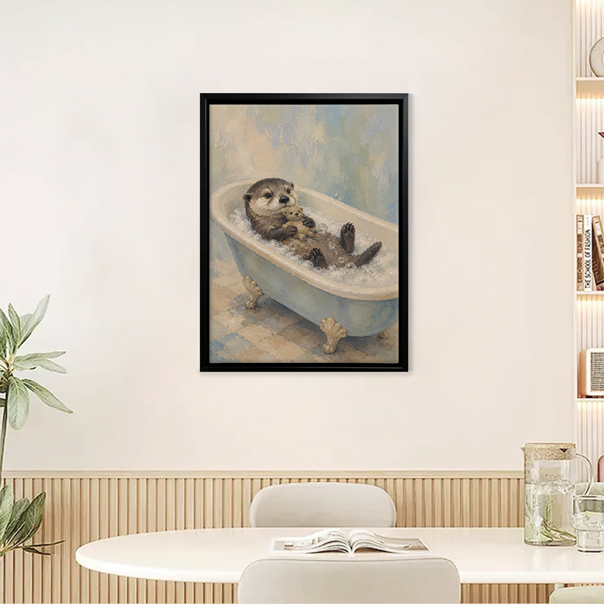 Framed Art Print of Adorable Otter Bathing with Toy Bear, Oil Painting Style, Perfect Home Decor for Any Room
