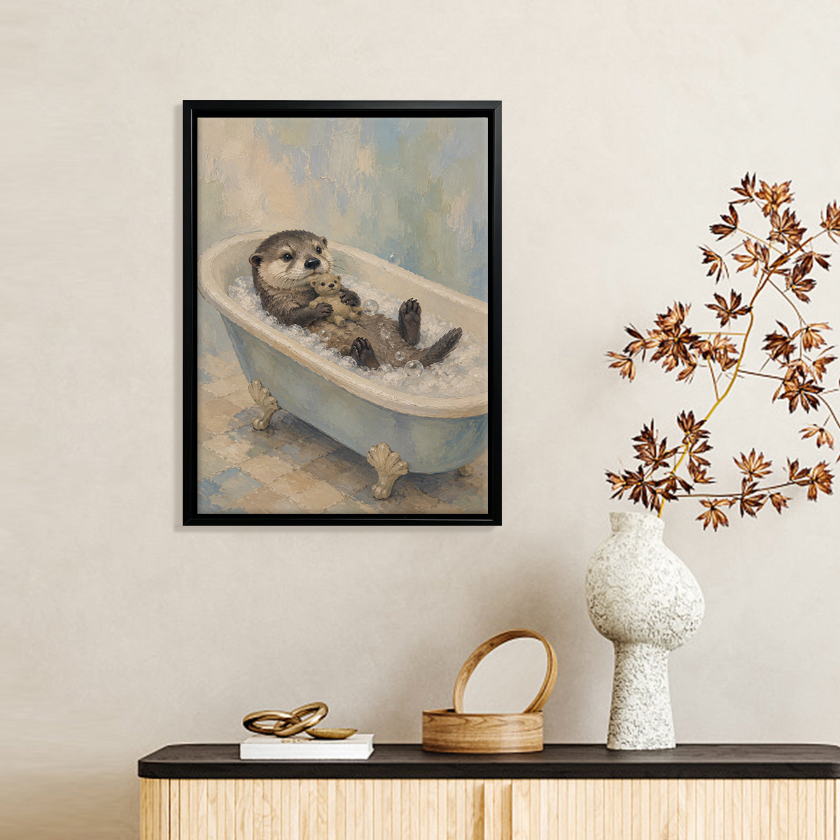 Framed Art Print of Adorable Otter Bathing with Toy Bear, Oil Painting Style, Perfect Home Decor for Any Room