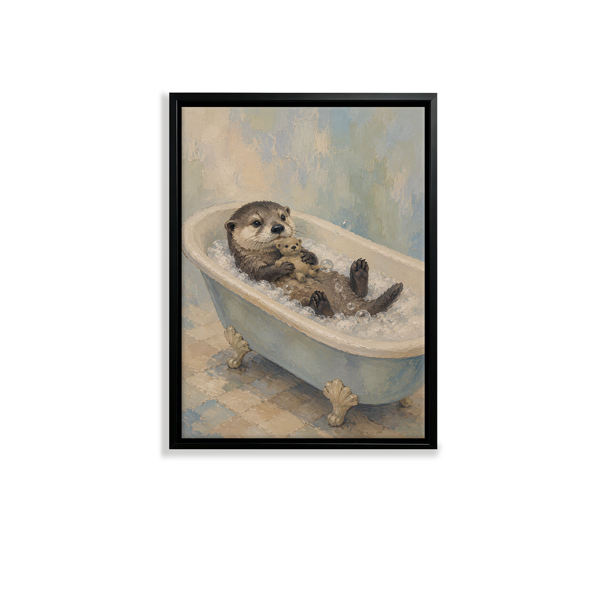 Framed Art Print of Adorable Otter Bathing with Toy Bear, Oil Painting Style, Perfect Home Decor for Any Room