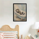 Framed Art Print of Adorable Otter Bathing with Toy Bear, Oil Painting Style, Perfect Home Decor for Any Room