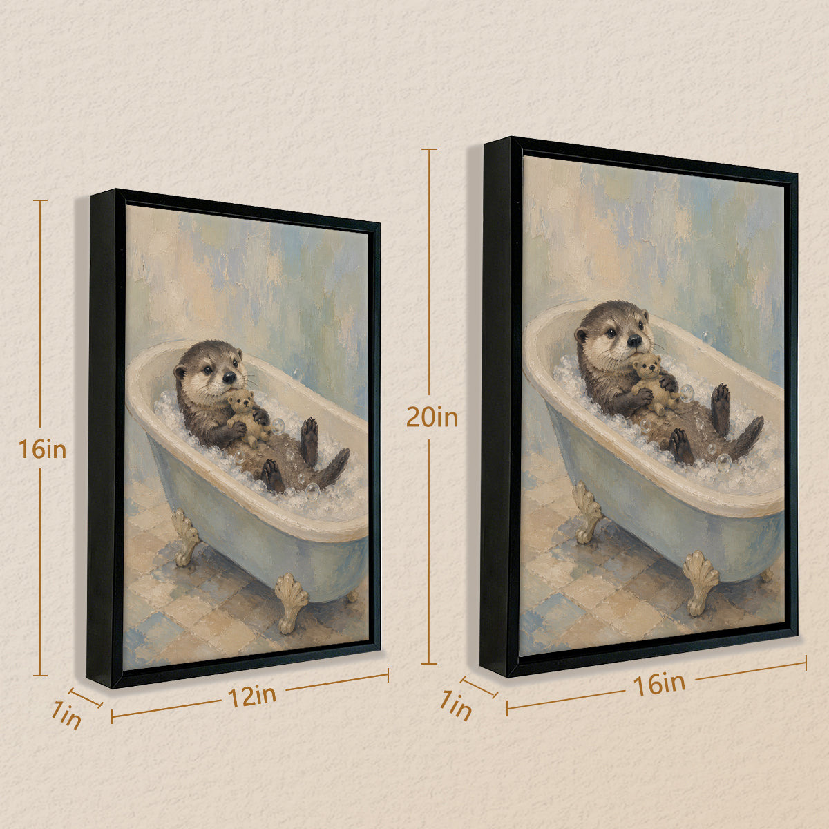 Framed Art Print of Adorable Otter Bathing with Toy Bear, Oil Painting Style, Perfect Home Decor for Any Room