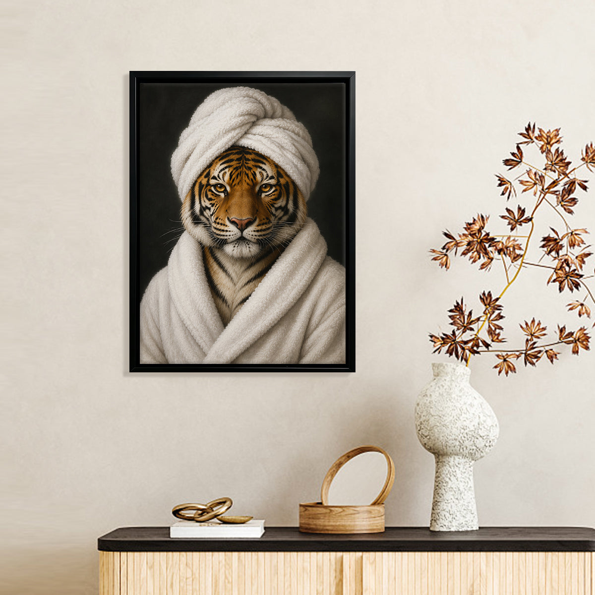 Framed Art Print of a Tiger in a Bathrobe and Turban, Modern Home Decor, High-Quality Canvas