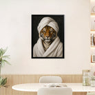 Framed Art Print of a Tiger in a Bathrobe and Turban, Modern Home Decor, High-Quality Canvas