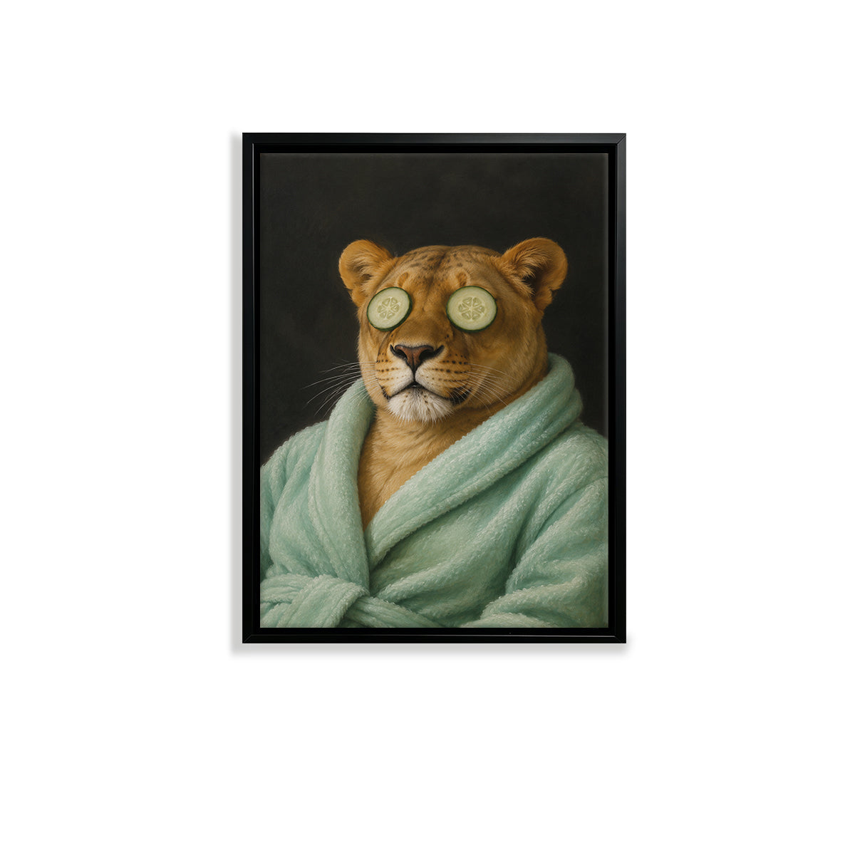 Framed Canvas Art Lion in Spa Robe with Cucumber Eyes Modern Home Decor for Living Room or Bedroom