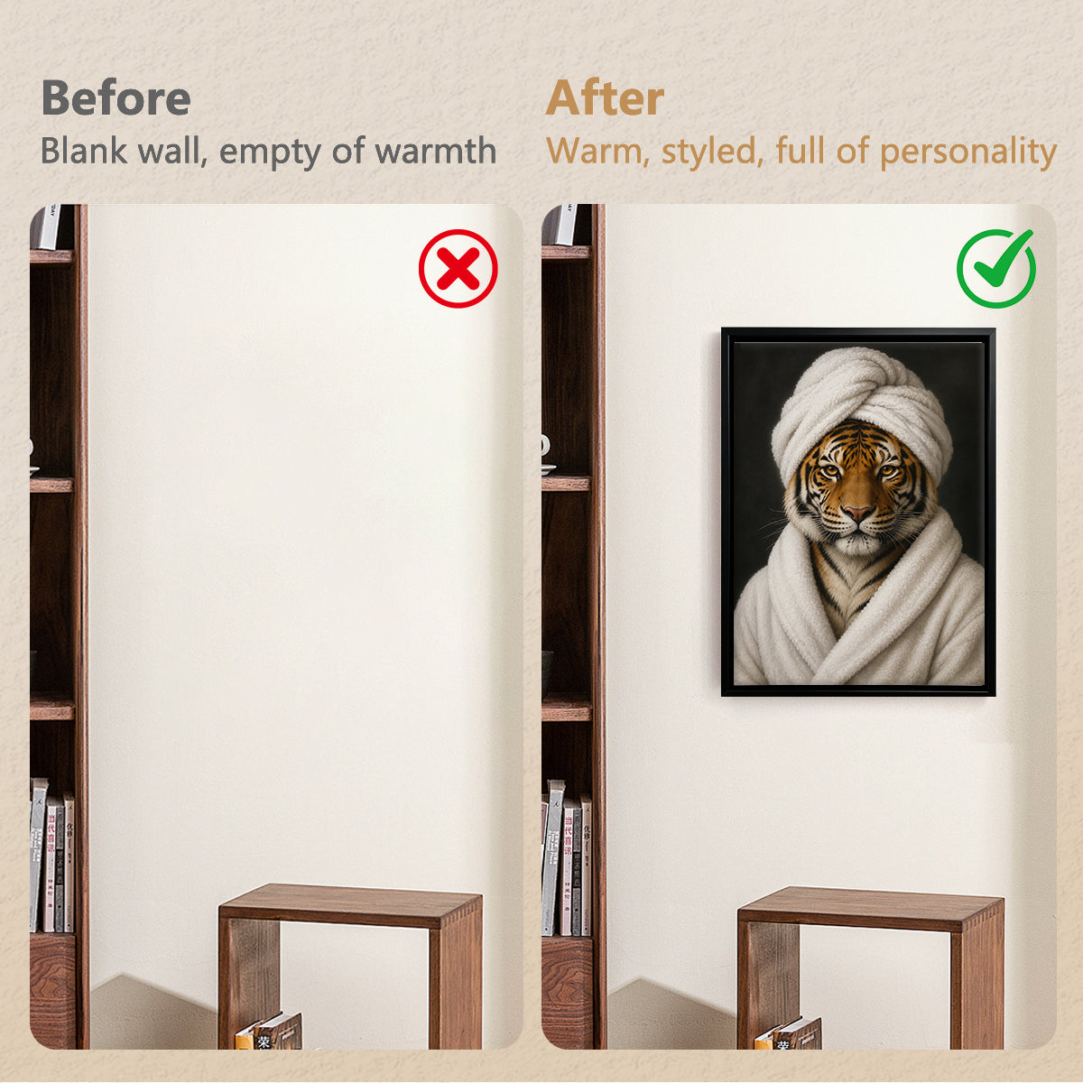 Framed Art Print of a Tiger in a Bathrobe and Turban, Modern Home Decor, High-Quality Canvas