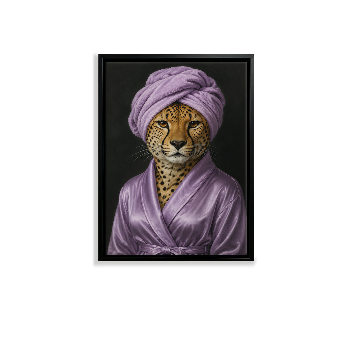 Framed Cheetah Portrait Art Print in Purple Robe and Turban, Modern Home Decor