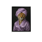 Framed Cheetah Portrait Art Print in Purple Robe and Turban, Modern Home Decor