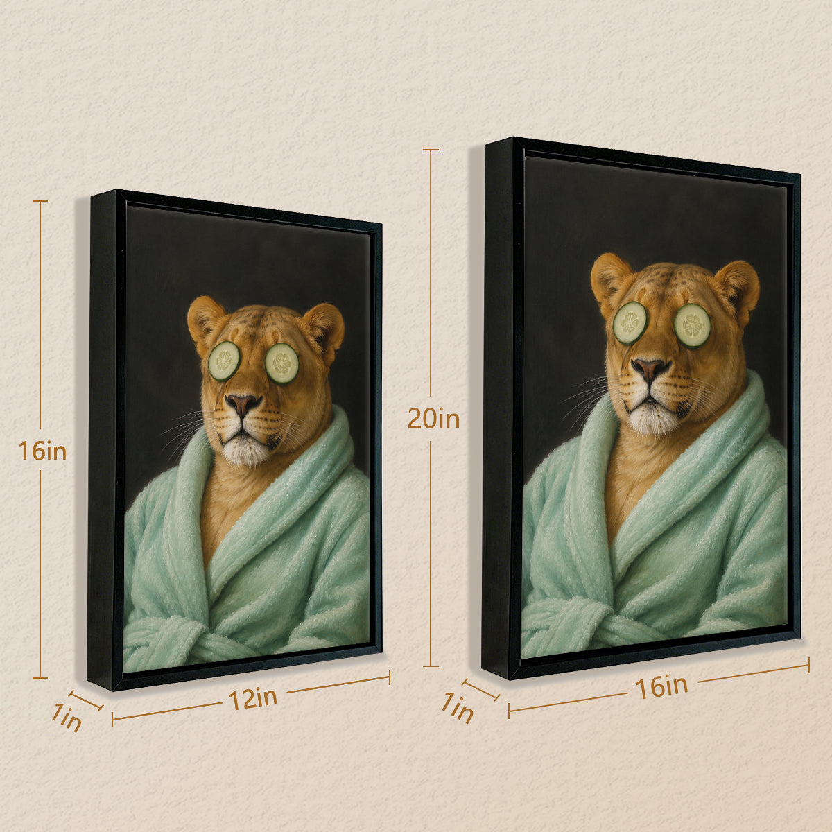 Framed Canvas Art Lion in Spa Robe with Cucumber Eyes Modern Home Decor for Living Room or Bedroom