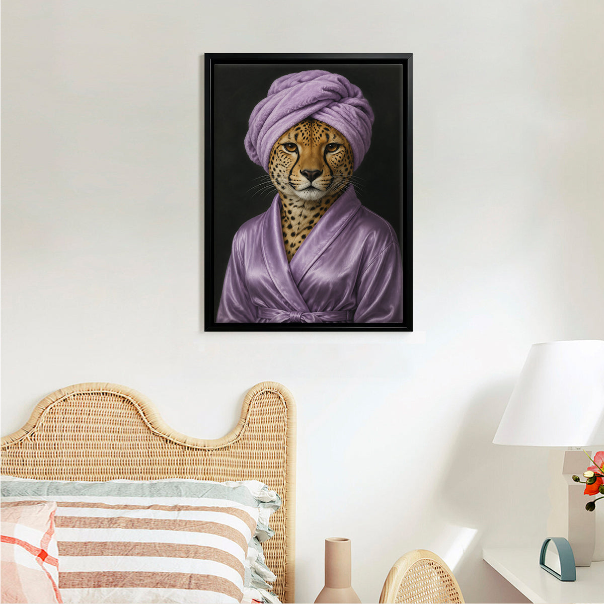 Framed Cheetah Portrait Art Print in Purple Robe and Turban, Modern Home Decor