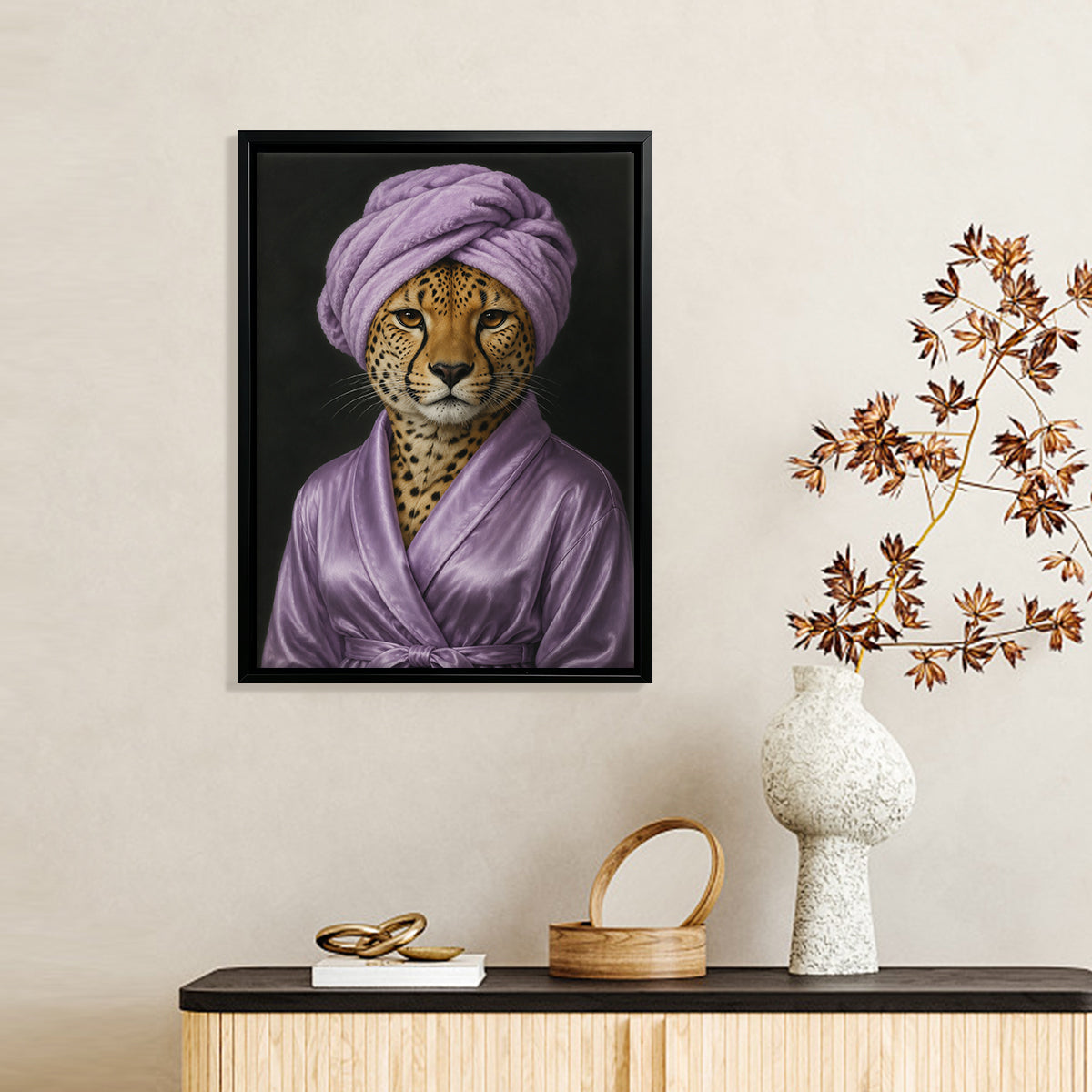 Framed Cheetah Portrait Art Print in Purple Robe and Turban, Modern Home Decor