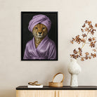 Framed Cheetah Portrait Art Print in Purple Robe and Turban, Modern Home Decor