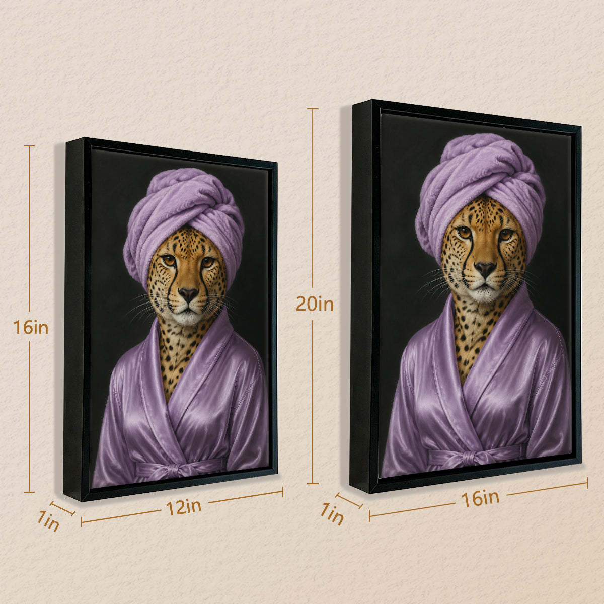 Framed Cheetah Portrait Art Print in Purple Robe and Turban, Modern Home Decor