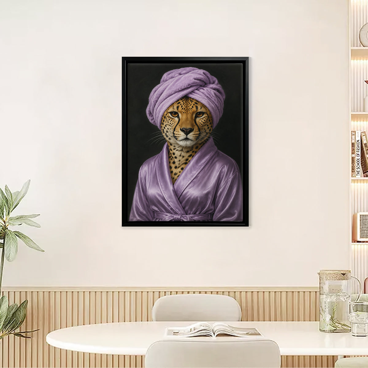 Framed Cheetah Portrait Art Print in Purple Robe and Turban, Modern Home Decor
