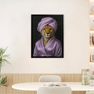 Framed Cheetah Portrait Art Print in Purple Robe and Turban, Modern Home Decor