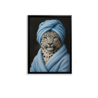 Framed Leopard Portrait Art Print with Blue Towel and Robe, Modern Home Decor