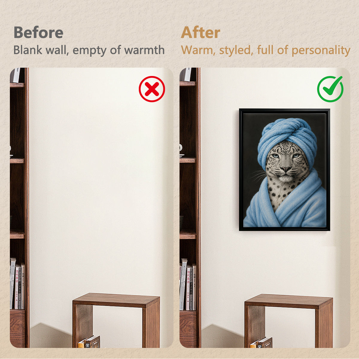 Framed Leopard Portrait Art Print with Blue Towel and Robe, Modern Home Decor